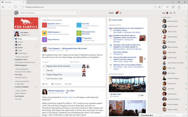 Workplace by Facebook newsfeed on desktop browser