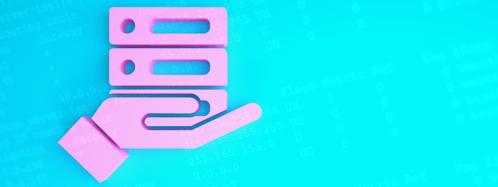 Pink icon of hand holding data storage