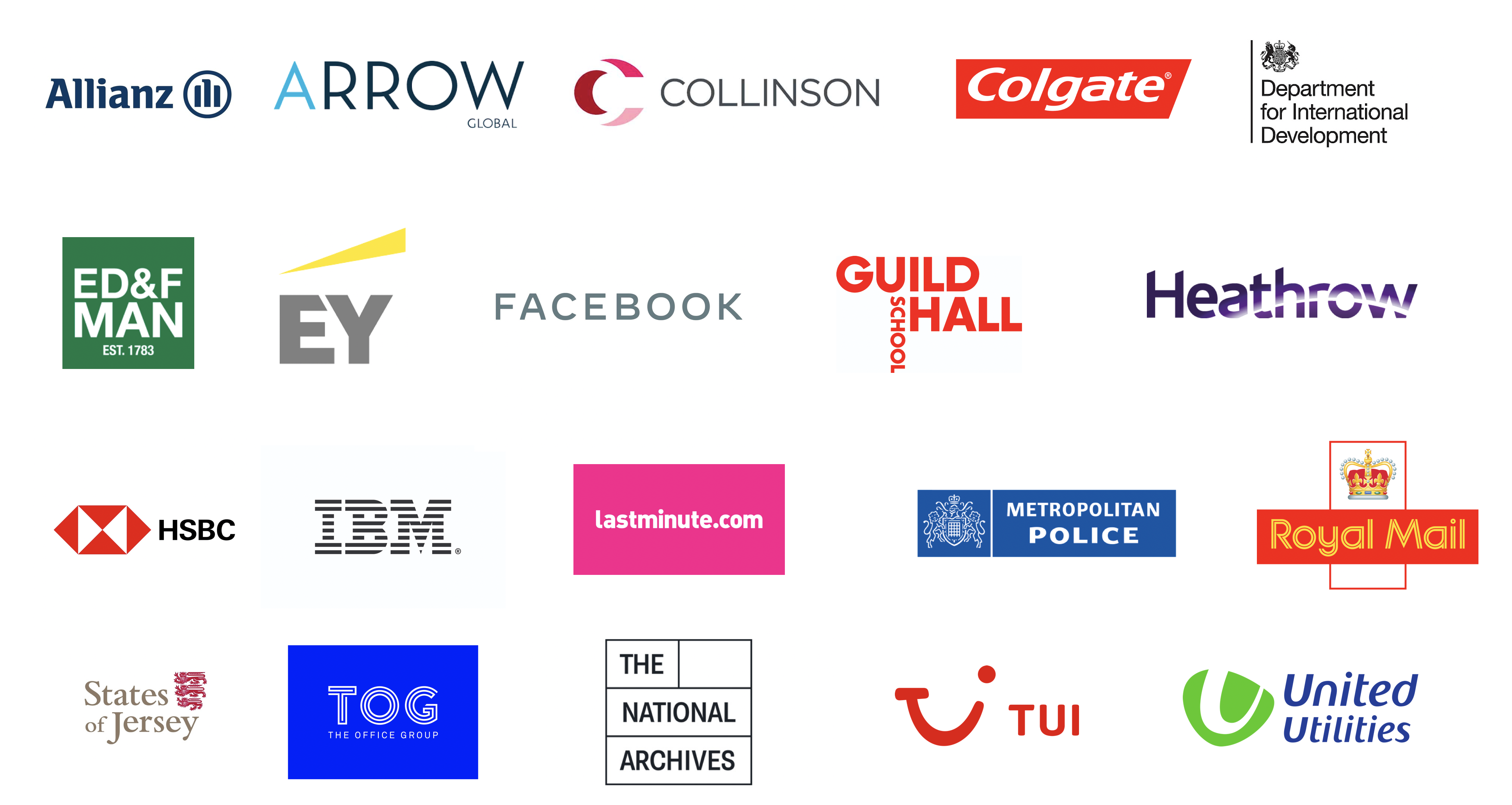 Generation Digital Clients - Arrow Global, Allianz, Collinson, Colgate, Department of International Development, ED&F Man, EY, Facebook, Heathrow, HSBC, IBM, Lastminute.com, Metropolitan Police, Royal Mail, Tui, United Utilities
